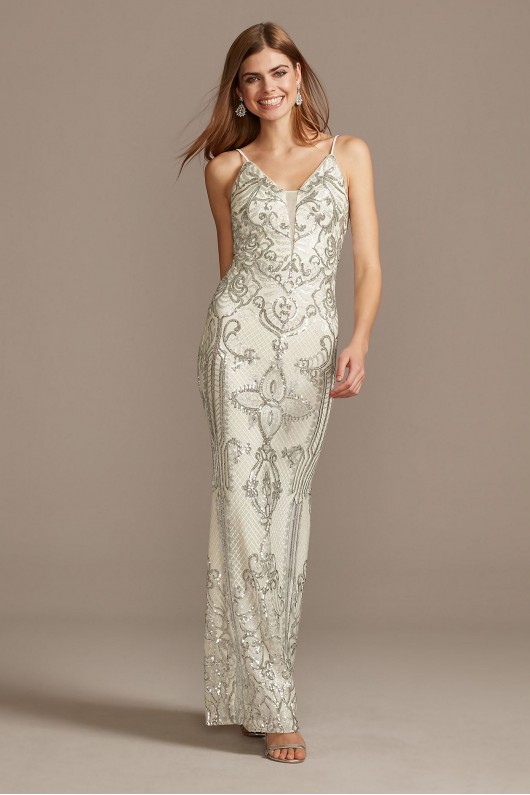 Sequin Damask Pattern Spaghetti Strap Gown Betsy and Adam A22203