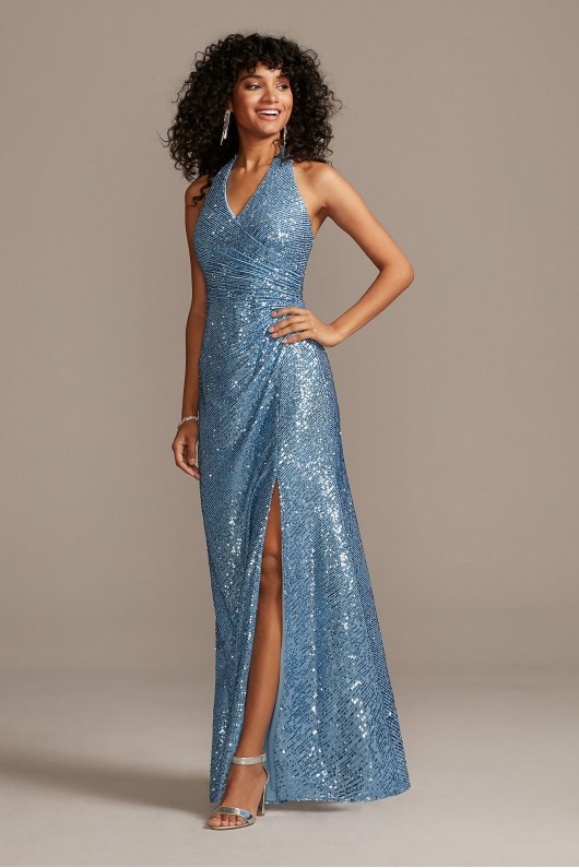 Sequin Halter Dress with Side Ruching and Slit Morgan and Co 12779
