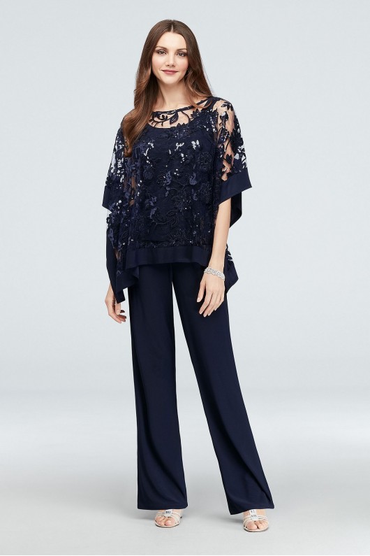 Sequin Lace Pantsuit with Sheer Poncho  2288