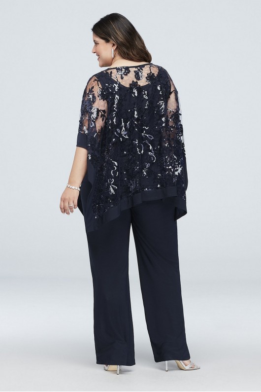 Sequin Lace Plus Size Pantsuit with Sheer Poncho  2288W