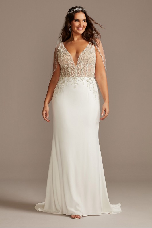 Sheer Plunge Beaded Corset Tall Plus Wedding Dress  4XL9SWG865