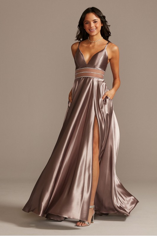 Shiny Satin Plunging Gown with Illusion and Slit Speechless X43391DQ96