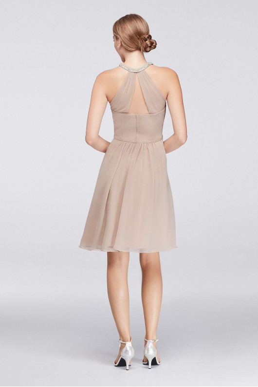 Short Chiffon Dress with Beaded Illusion Neckline  W11082