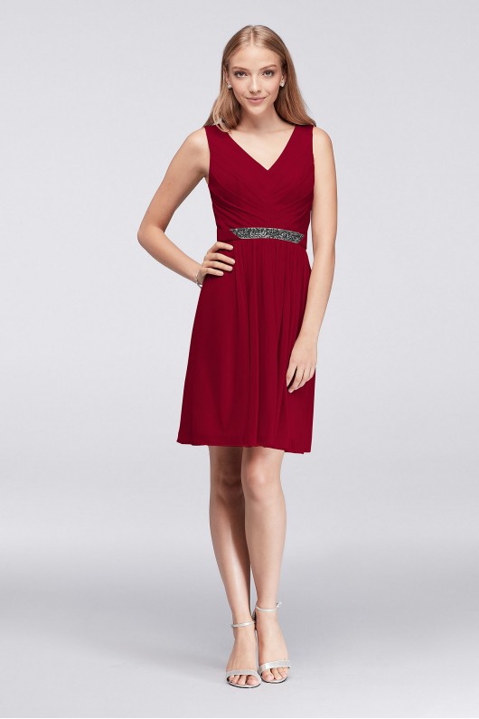 Short Mesh Dress with V-Neck and Beaded Waistband  W11174
