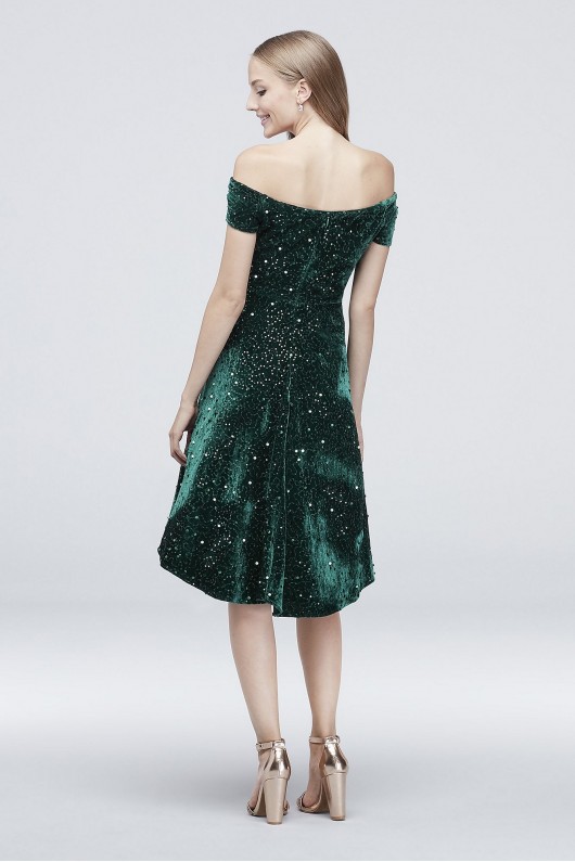 Short Sequin Velvet Off-the-Shoulder Dress Morgan and Co 12549