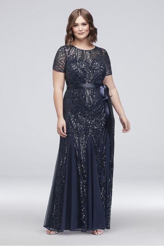 Short-Sleeve Sequined Illusion Plus Size Gown  1875W