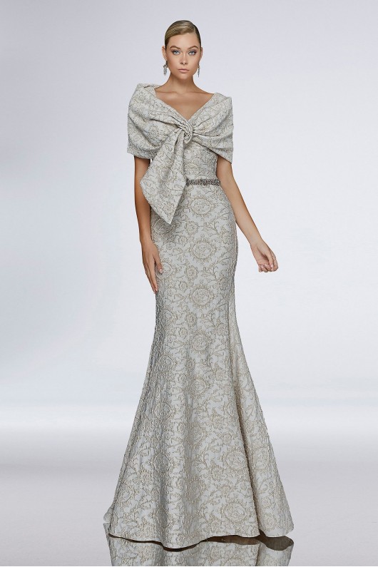Stretch Jacquard Tank Gown with Knotted Shawl Terani Couture 1921M0726