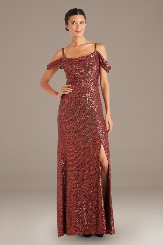 Swag Sleeve Allover Linear Sequin Gown  21982