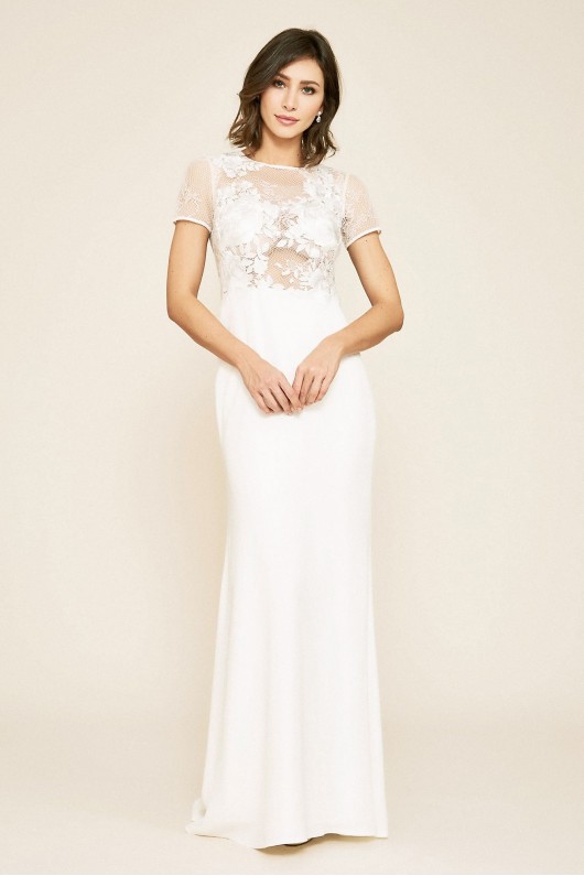 Tanya Rose Lace Crepe Short Sleeve Wedding Dress Tadashi Shoji BAG18038LDB