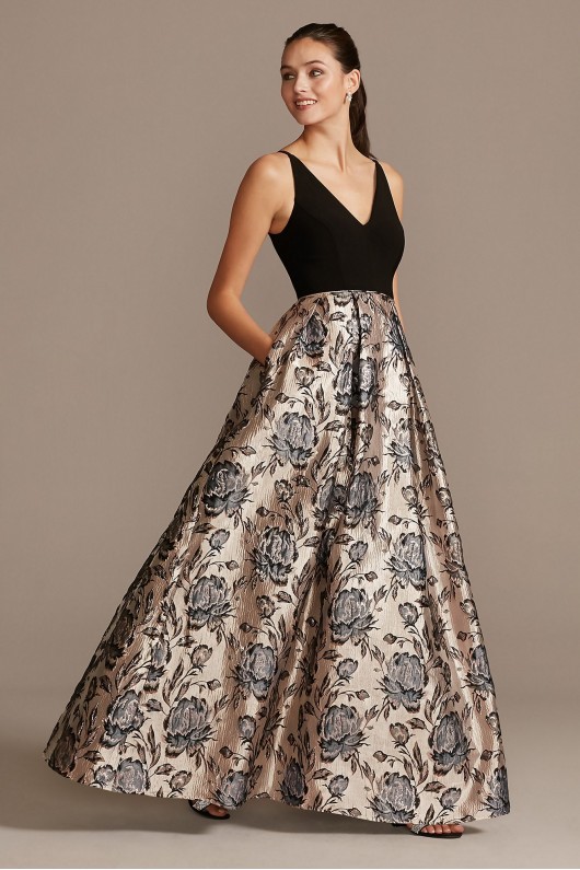 V-Neck Ball Gown with Floral Jacquard Skirt Morgan and Co 12834D