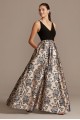 V-Neck Ball Gown with Floral Jacquard Skirt Morgan and Co 12834D