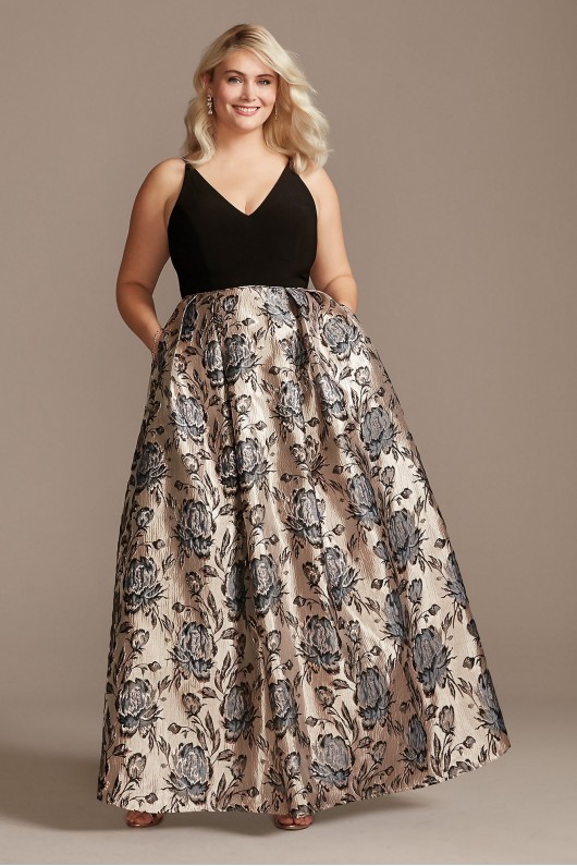 V-Neck Plus Size Gown with Floral Jacquard Skirt Morgan and Co 12834DW