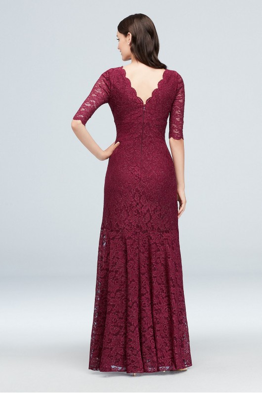 V-Neck Ruched Lace Mermaid Gown with 3/4 Sleeves Nightway 21719