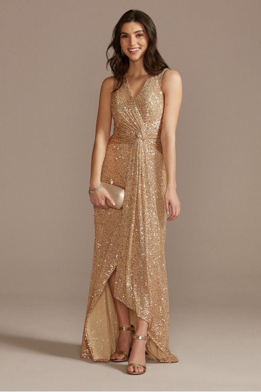 V-Neck Sequin Sheath Gown with Knot Detail WBM2545