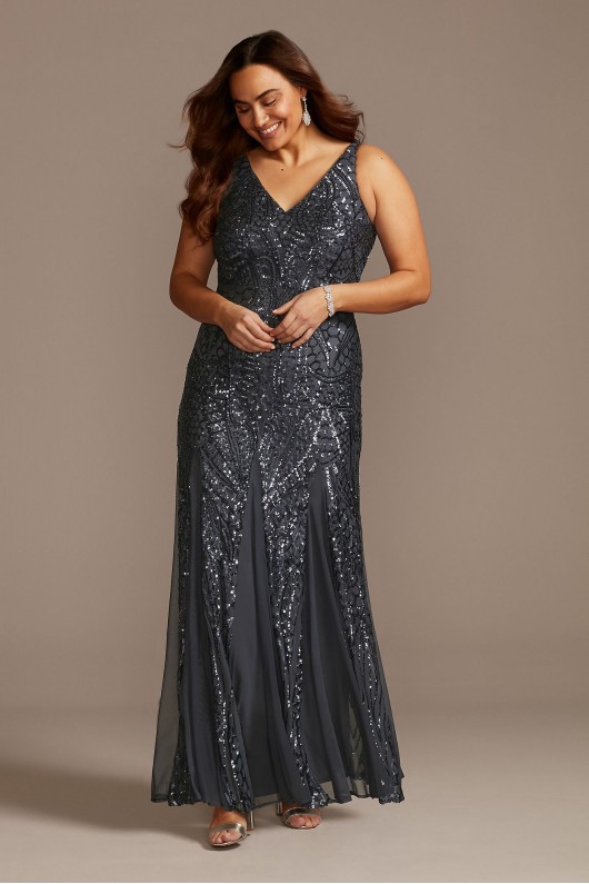 V-Neck Sequin Tank Plus Size Dress with Insets Morgan and Co 21685DW