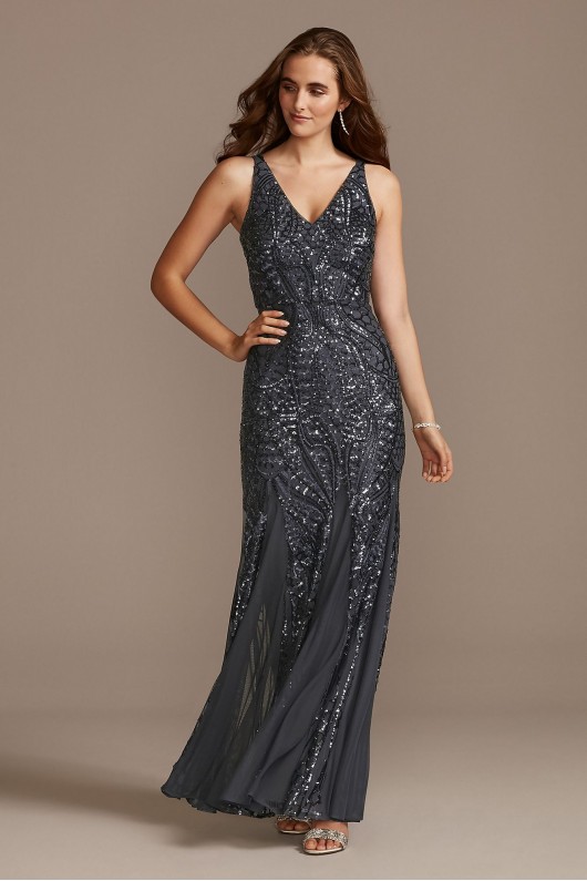 V-Neck Sequin Tank Sheath Dress with Mesh Insets Nightway 21685D