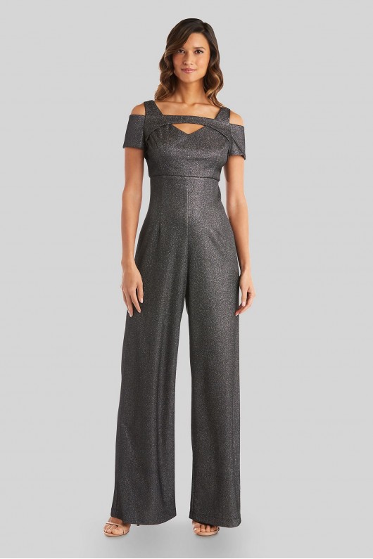 V-Neck Shimmer Jumpsuit with Cold-Shoulder Cutouts Morgan and Co 21959