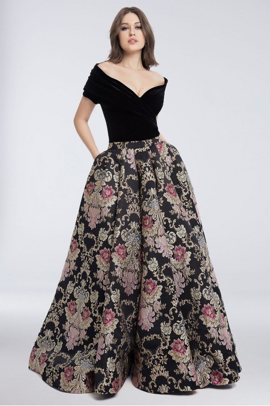 Velvet Off-the-Shoulder Tapestry Ball Gown Terani Couture 1821E7116