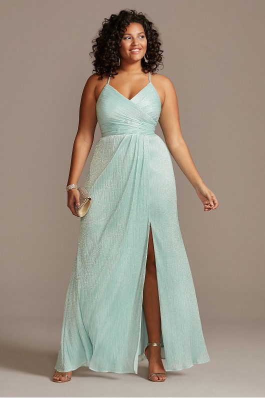 Wrap Bodice Glitter Micro-Pleat Plus Size Gown Morgan and Co 12791W